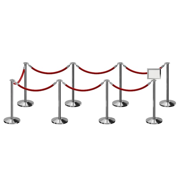 Montour Line Stanchion Post and Rope Kit Pol.Steel, 8FlatTop 7RedRope 8.5x11H Sign C-Kit-7-PS-FL-1-Tapped-1-8511-H-7-ER-RD-PS - main